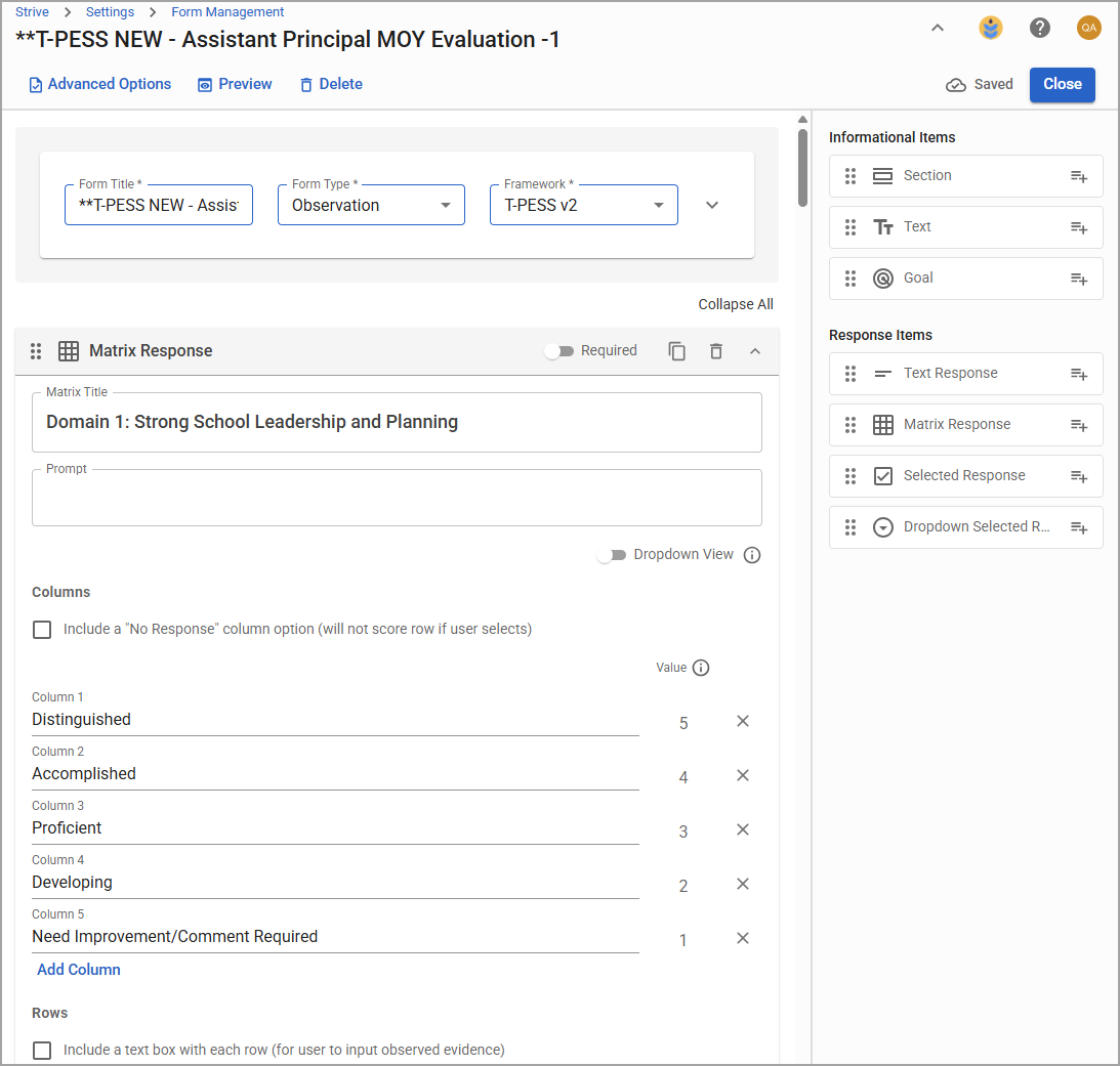 An evaluation form with items to edit and more items to add.